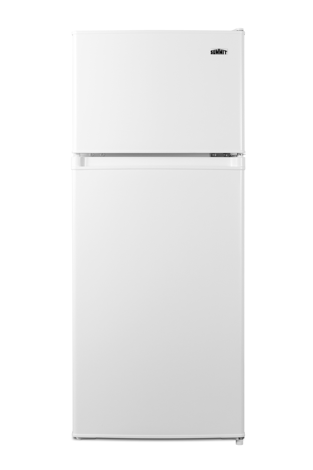 Two-door ENERGY STAR certified refrigerator-freezer in an ADA compliant height with all-white design, user-reversible doors, manual defrost, and dial thermostat